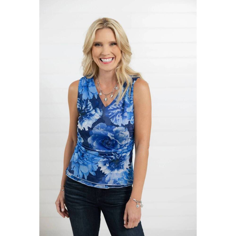 NEW FATE + FORTUNE printed mesh with scalloped edges top in blue
